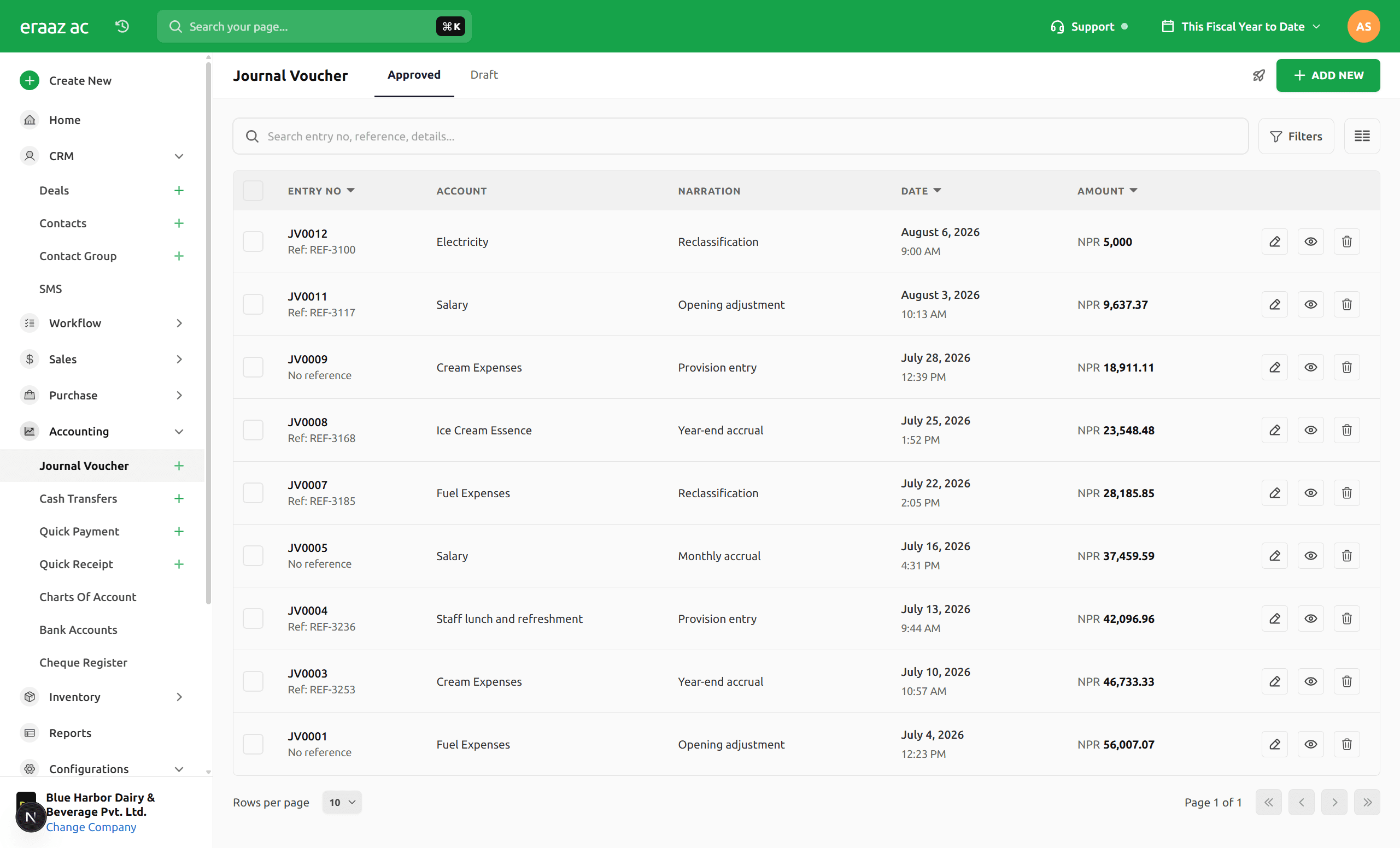 The Journal Voucher list showing entries with accounts, narration, dates and amounts
